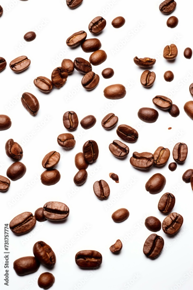 Obraz premium Freshly Roasted Coffee Beans Cascading Down on a Pristine White Backdrop
