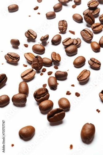 Dynamic Cascade of Coffee Beans Tumbling on a Pristine White Backdrop - High-Quality Image
