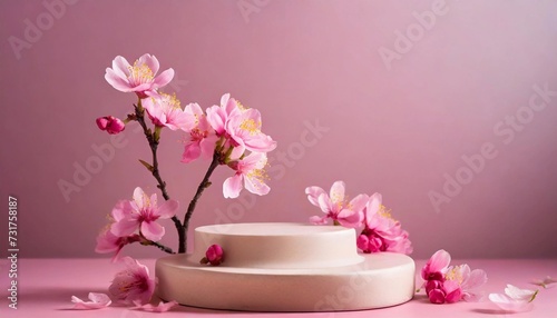 Mock up with round stone podium and spring flowers on pink background.