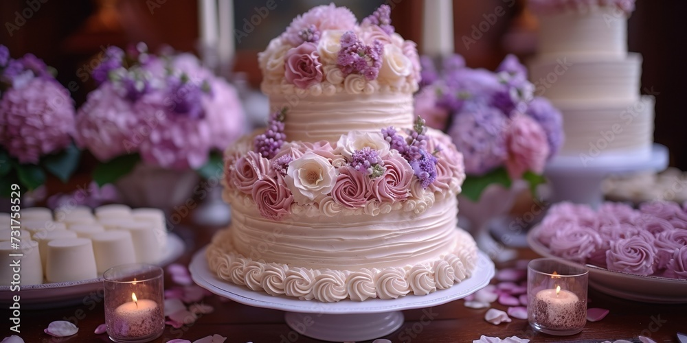 A beautiful three-tier cake decorated with pink roses, perfect for a sweet celebration. A beautiful three-tier cake decorated with pink roses, perfect for a sweet celebration.