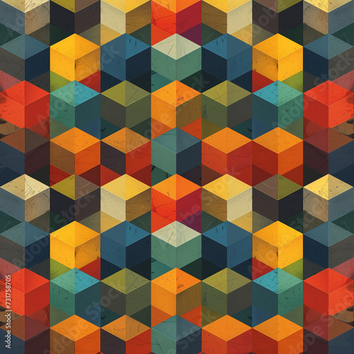 Colorful Geometric Square Mosaic Pattern Design with Abstract 3D Cubes for Seamless Decoration on Yellow Wall
