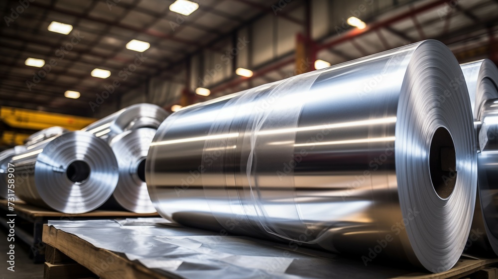 Photograph of sheet metal, alluminum, rolls in an industrial environment. Rolls of galvanized sheet steel in the factory.