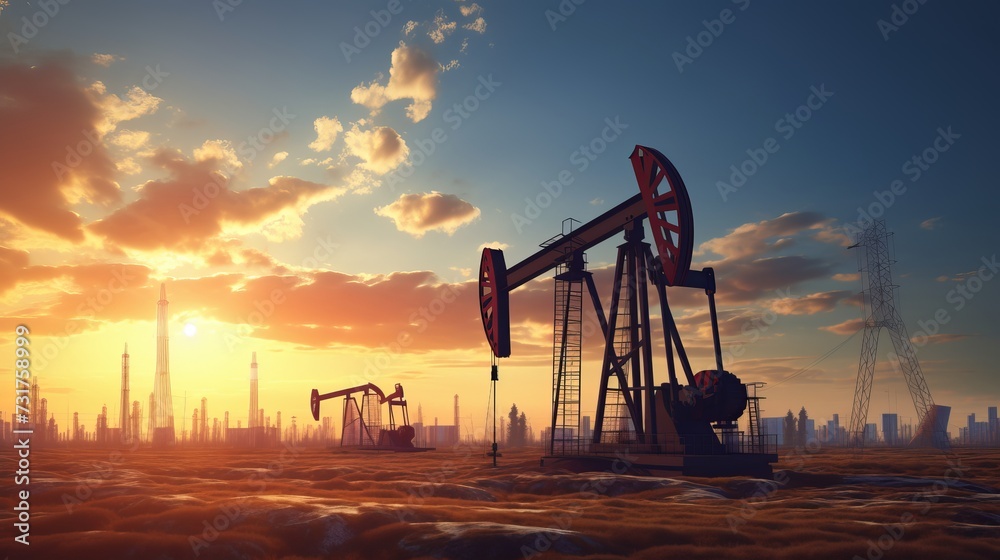 Silhouetted oil pump rig extracting petroleum in vibrant sunset sky - industrial energy concept - obrazy, fototapety, plakaty 