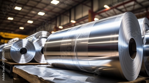 Photograph of sheet metal, alluminum, rolls in an industrial environment. Rolls of galvanized sheet steel in the factory.