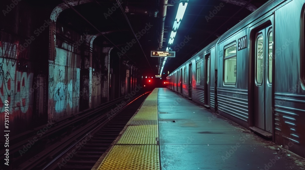 Stationary subway car with open doors inside a graffiti-covered station, under eerie red lighting.
