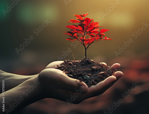 A small red tree growing in human hands © dkimages