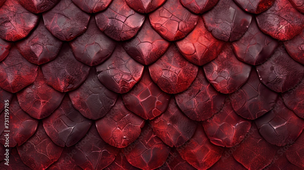 Red dragon scale pattern close-up - luxury background texture for wallpaper. - obrazy, fototapety, plakaty 