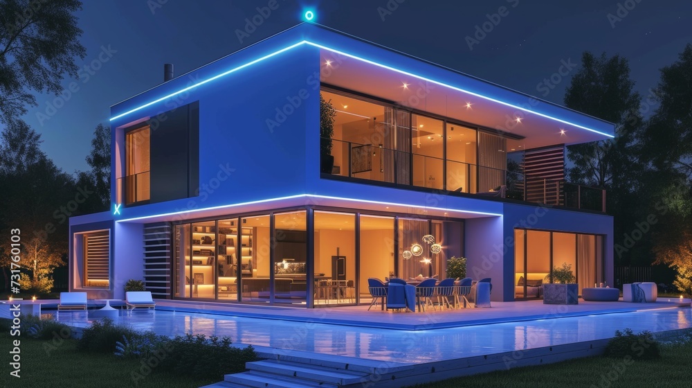 Fototapeta premium Modern smart home with blue illumination and digital security system at night.