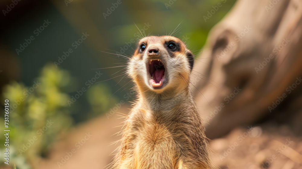 Fototapeta premium funny meerkat. Comical animal making a funny face that's impossible not to chuckle at. Funny smiling animal. Perfect for lighthearted and amusing design projects.