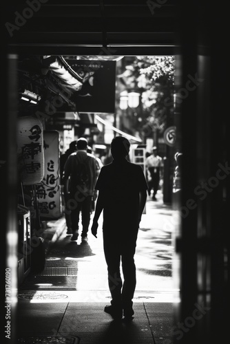 High-contrast black and white photograph capturing a dramatic street scene.