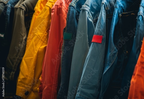 A selection of casual jackets in various colors showcased on a store rack.
