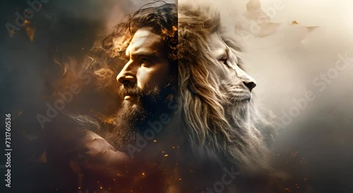 Jesus and lion. Fantasy portrait of a man with a lion photo