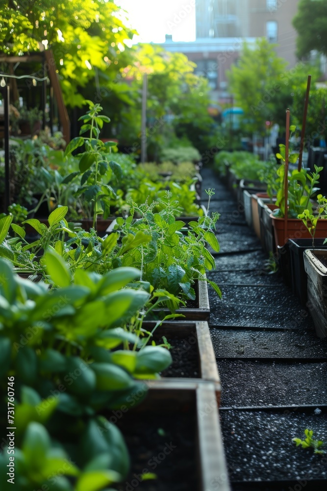Community garden in an urban setting with rows of raised beds growing fresh produce. Community garden in an urban setting with rows of raised beds growing fresh produce.