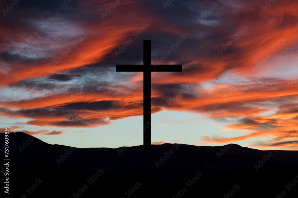Illustration of a cross at sunset. Symbol of Christianity and religion.