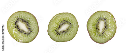 Top view of three slices of kiwi with glitter isolated on a cutout PNG transparent background