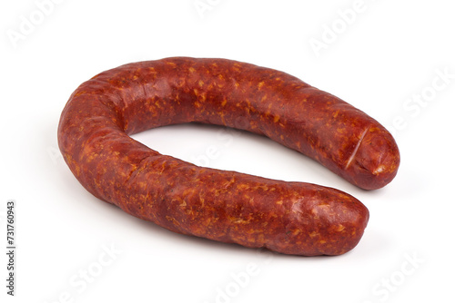 Smoked pork sausage ring, isolated on white background. High resolution image.