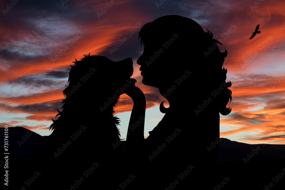 Silhouette of a woman with her dog in the landscape at sunset. Nature and care.