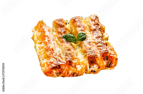 Cannelloni with beef and tomato sauce. Italian homemade pasta.  Isolated, Transparent background.