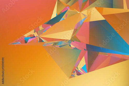 Bright abstract background with low-poly crystals in warm tones, showing the dynamic interplay of light and geometric shapes