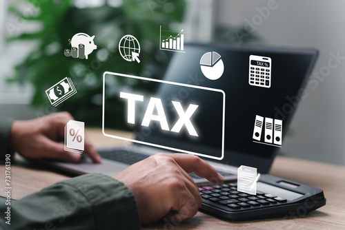 Individual income tax return form online for tax payment concept, Businessman calculate annual tax payments, Government, State taxes. Tax refund, financial, Banking, Data document, Financial Research photo