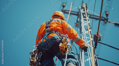 Low angle view of electrician with safety equipment and various work tools is installing cable lines and electrical system on electric power pole against blue sky background