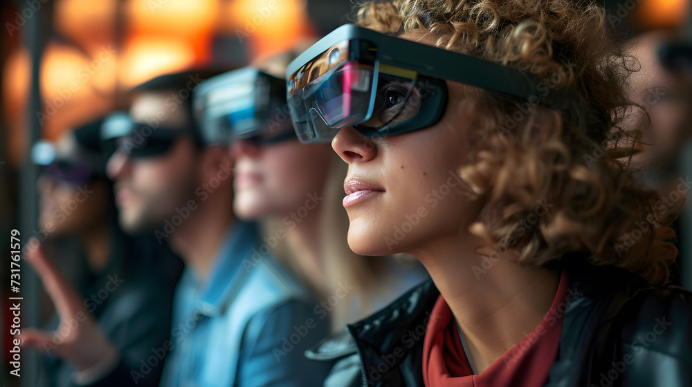 A group of people using augmented reality glasses to interact with the world around them, showing how technology will change the way we interact with the world in the future. A group of people using augmented reality glasses to interact with the world around them, showing how technology will change the way we interact with the world in the future.