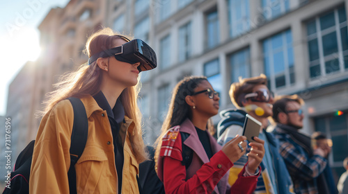 A group of people using augmented reality glasses to interact with the world around them, showing how technology will change the way we interact with the world in the future.