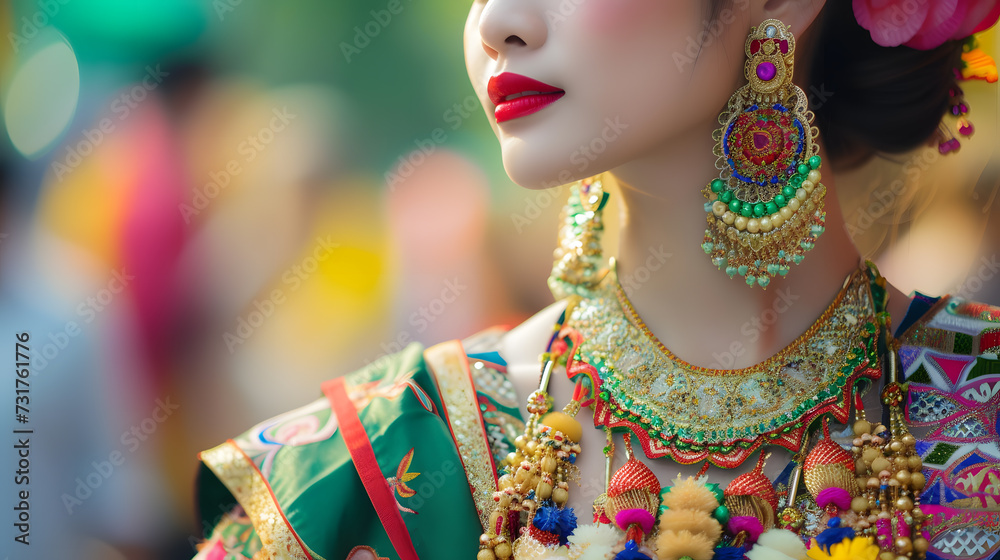 A woman wearing a traditional Thai dress, with colorful silk and gold jewelry. Generative AI.