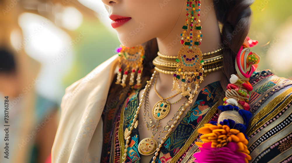 A woman wearing a traditional Thai dress, with colorful silk and gold jewelry. Generative AI.