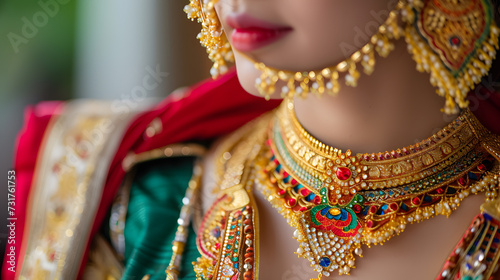 A woman wearing a traditional Thai dress, with colorful silk and gold jewelry. Generative AI.