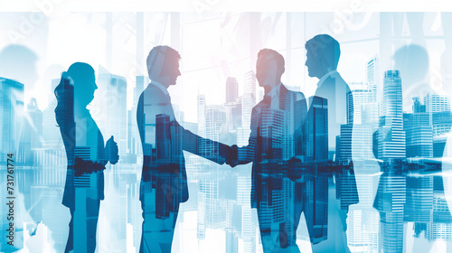 Double exposure image of two businessmen shaking hands with cityscape. Business, agreement and cooperation concept.