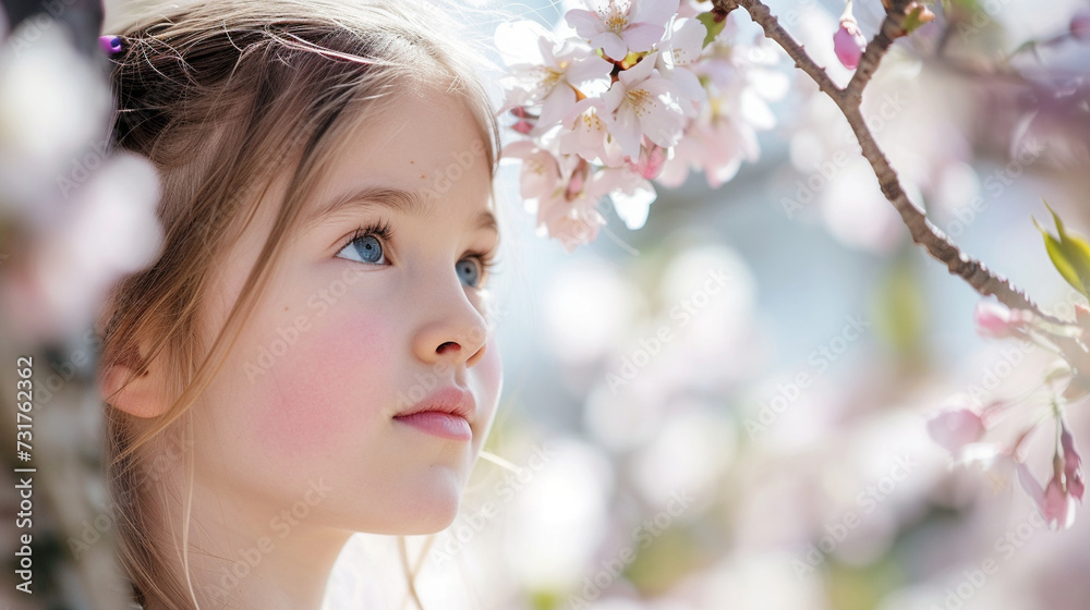 A girl with a thoughtful expression, surrounded by blooming cherry blossoms, capturing the beauty of springtime