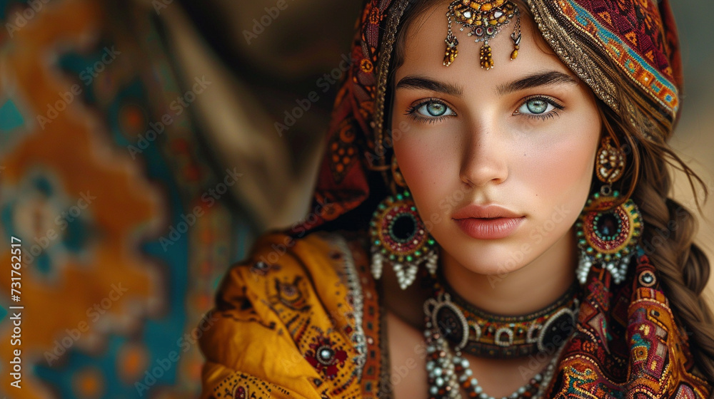 A girl in a traditional cultural attire, adorned with intricate jewelry, celebrating the diversity and richness of global beauty