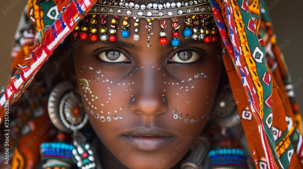 Fototapeta premium A girl in a traditional cultural attire, adorned with intricate jewelry, celebrating the diversity and richness of global beauty