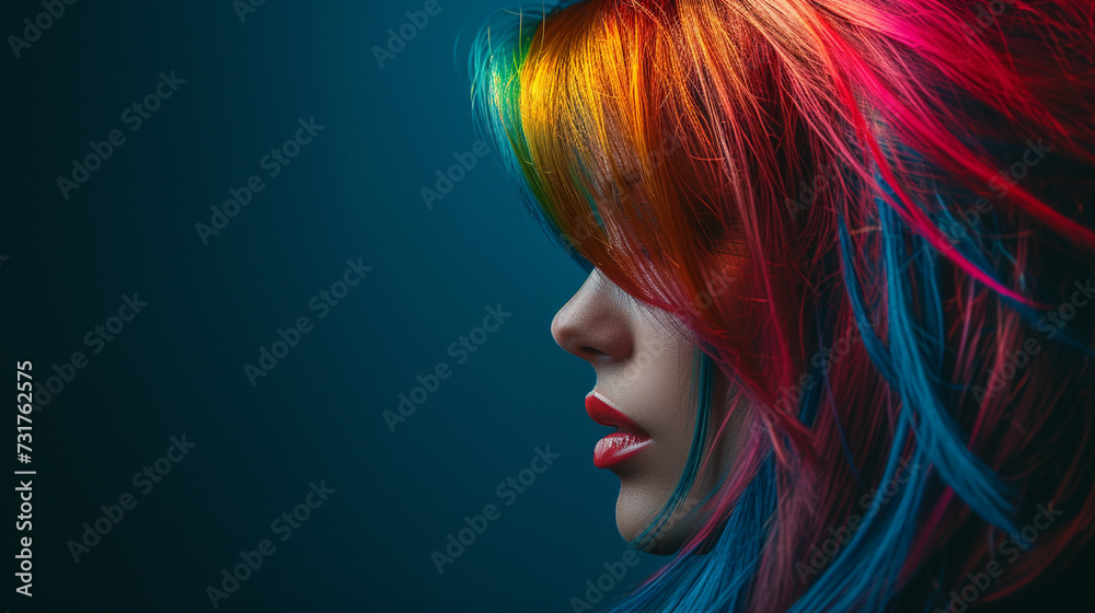 A profile shot of a girl with bold and colorful hair, expressing individuality and the vibrant spectrum of beauty