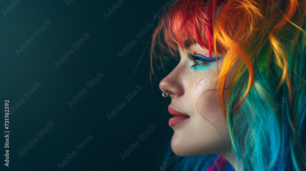 A profile shot of a girl with bold and colorful hair, expressing individuality and the vibrant spectrum of beauty A profile shot of a girl with bold and colorful hair, expressing individuality and the vibrant spectrum of beauty