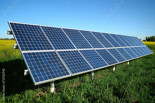 Renewable Energy Concept, Solar Panels Against a Clear Blue Sky.