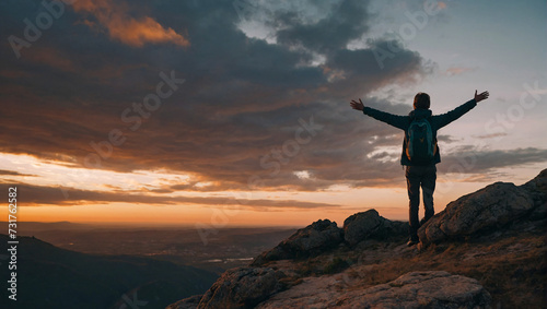 close up of a person standing on a cliff with arms towards the sky watching the beautiful sunset