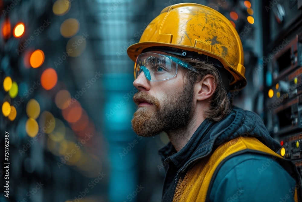 A focused and professional engineer in a yellow hardhat working on an industrial construction site. A focused and professional engineer in a yellow hardhat working on an industrial construction site.