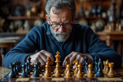 A serious and contemplative elderly man playing chess, showcasing intelligence and strategic thinking indoors.