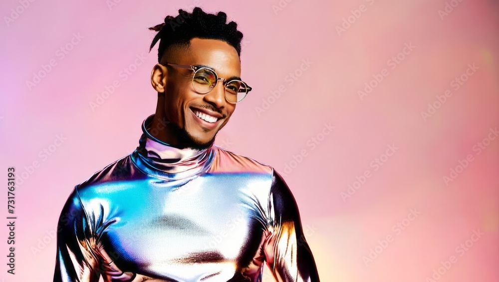 A portrait of a cheerful young man sporting stylish sunglasses and a shiny silver top, set against a modern pink and purple gradient backdrop. A portrait of a cheerful young man sporting stylish sunglasses and a shiny silver top, set against a modern pink and purple gradient backdrop.