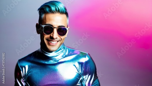 A portrait of a cheerful young man sporting stylish sunglasses and a shiny silver top, set against a modern pink and purple gradient backdrop.