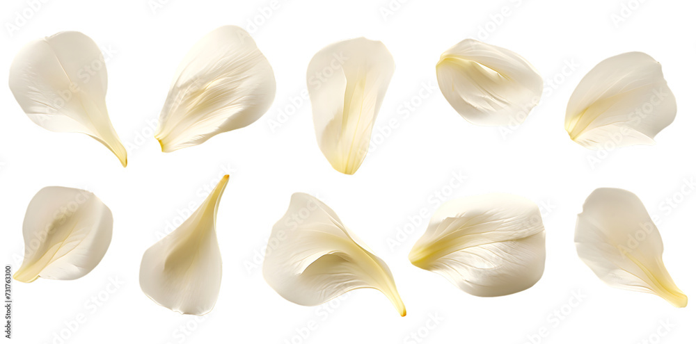 Collection of soft white flower petals isolated on transparent background Collection of soft white flower petals isolated on transparent background