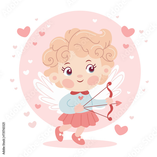 Cute baby cupid character with a bow, St. Valentine s day, pastel colours. Vector illustration in flat cartoon style