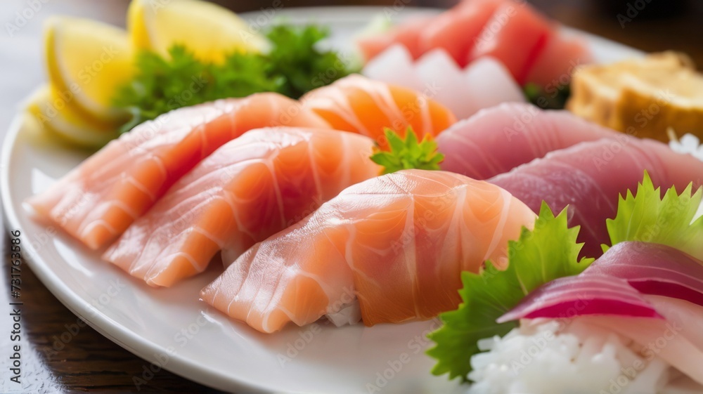 On a carefully presented plate, you'll find an assortment of fresh sashimi slices, featuring salmon and tuna, adorned with zesty lemon wedges and vibrant parsley