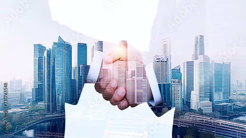 Double Exposure of Businesspeople Handshaking in High-Tech Office Skyscrapers: A Symbol of Corporate Partnership and Modern Business Dynamics