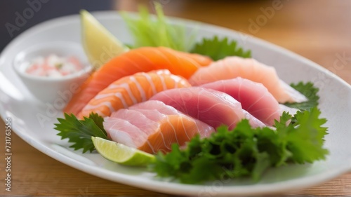 Gracing the plate, a medley of sashimi slices, including salmon and tuna, is thoughtfully garnished with lemon and parsley to enhance its visual appeal and flavor