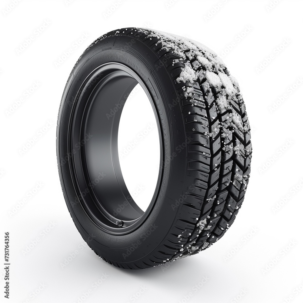 Car tire in snow on white background, ai technology