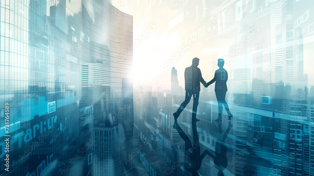 Double exposure image of two businessmen shaking hands with cityscape. Business, agreement and cooperation concept. Double exposure image of two businessmen shaking hands with cityscape. Business, agreement and cooperation concept.