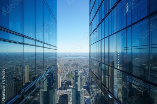 skyscraper glass reflecting the sprawling urban landscape